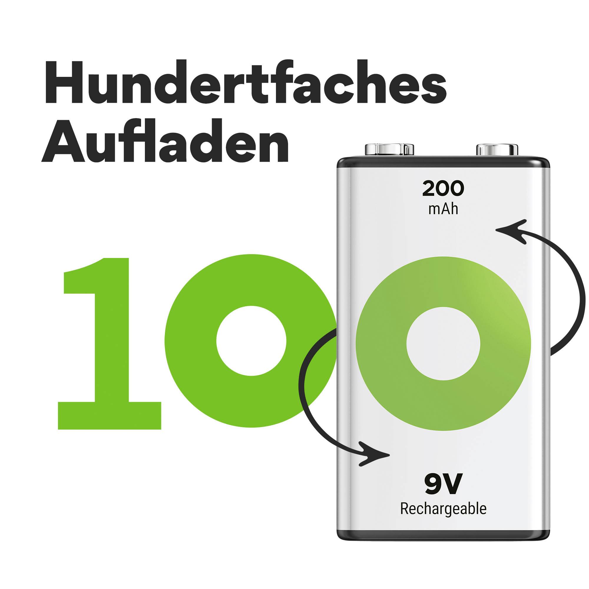 A '100-szoros újratöltés' egy 200 mAh-s és 9V-os elemet mutat, mellette zöld színnel a 100-as szám, amely a többszöri újratölthetőségre utal.