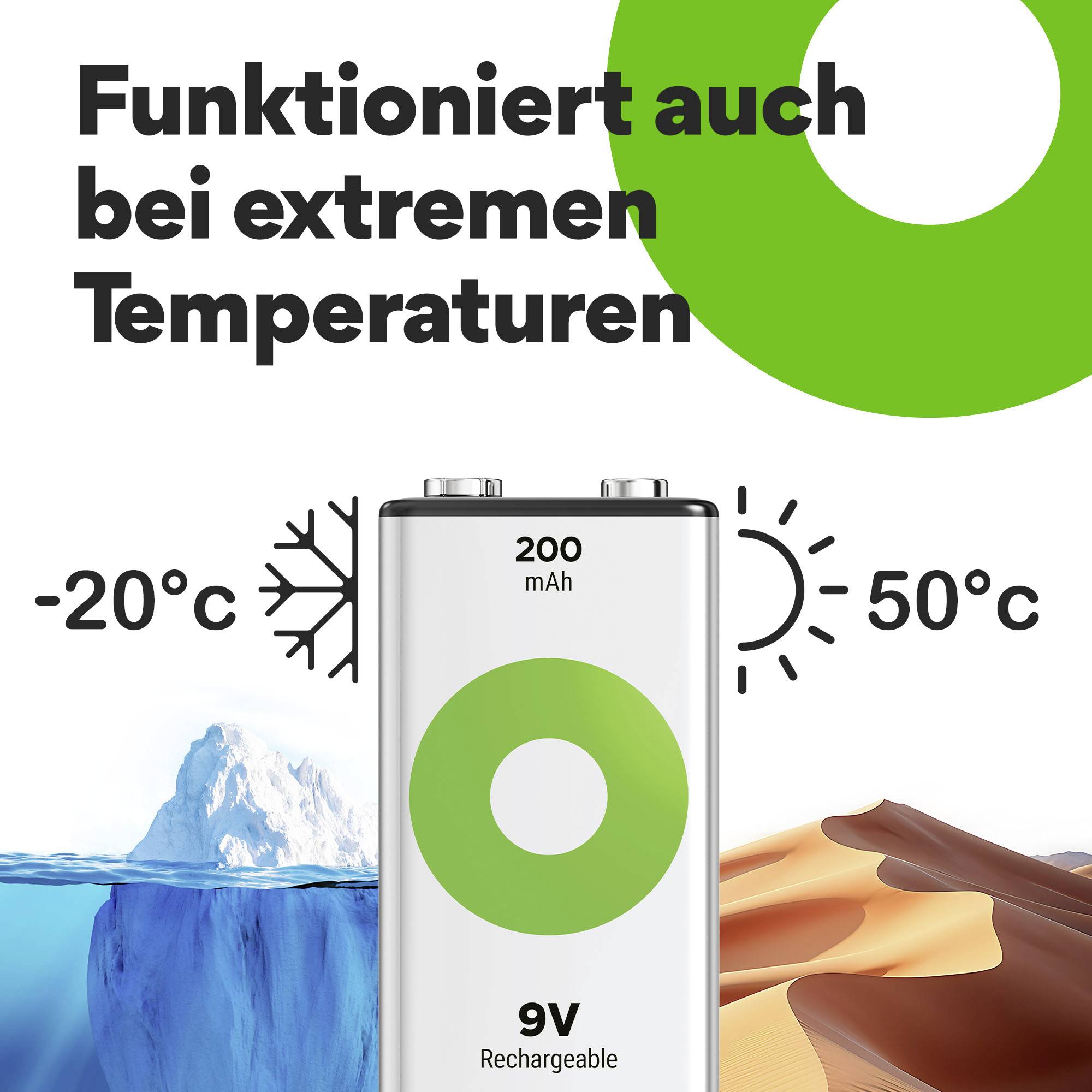 Újratölthető 9V-elem alkalmas -20°C-tól 50°C-ig terjedő hőmérsékleti tartományban. A háttérben egy jéghegy és egy sivatag látható, amely szélsőséges körülményeket szimbolizál.