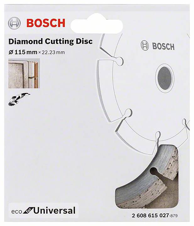 Egy Bosch gyémánt vágókorong '115 mm x 22,23 mm' csomagolása, amely alkalmas különböző anyagok vágására, a termék képével ellátva.