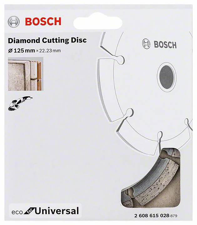 'Bosch gyémánt vágókorong 125 mm x 22,23 mm építőlemezekhez.' A csomagolás termékábrát és alkalmazási példát mutat.