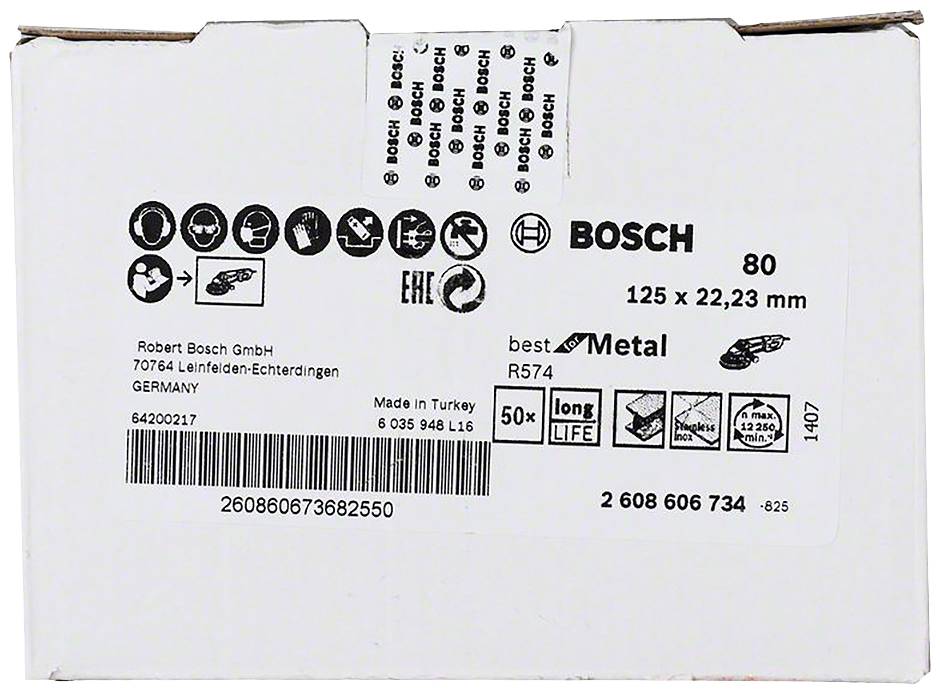 Bosch fémfűrészlap csomagolás. Méret: 125 x 22,23 mm, 50 darab lap tartalmaz. Gyártva Törökországban, gyártó: Bosch GmbH.
