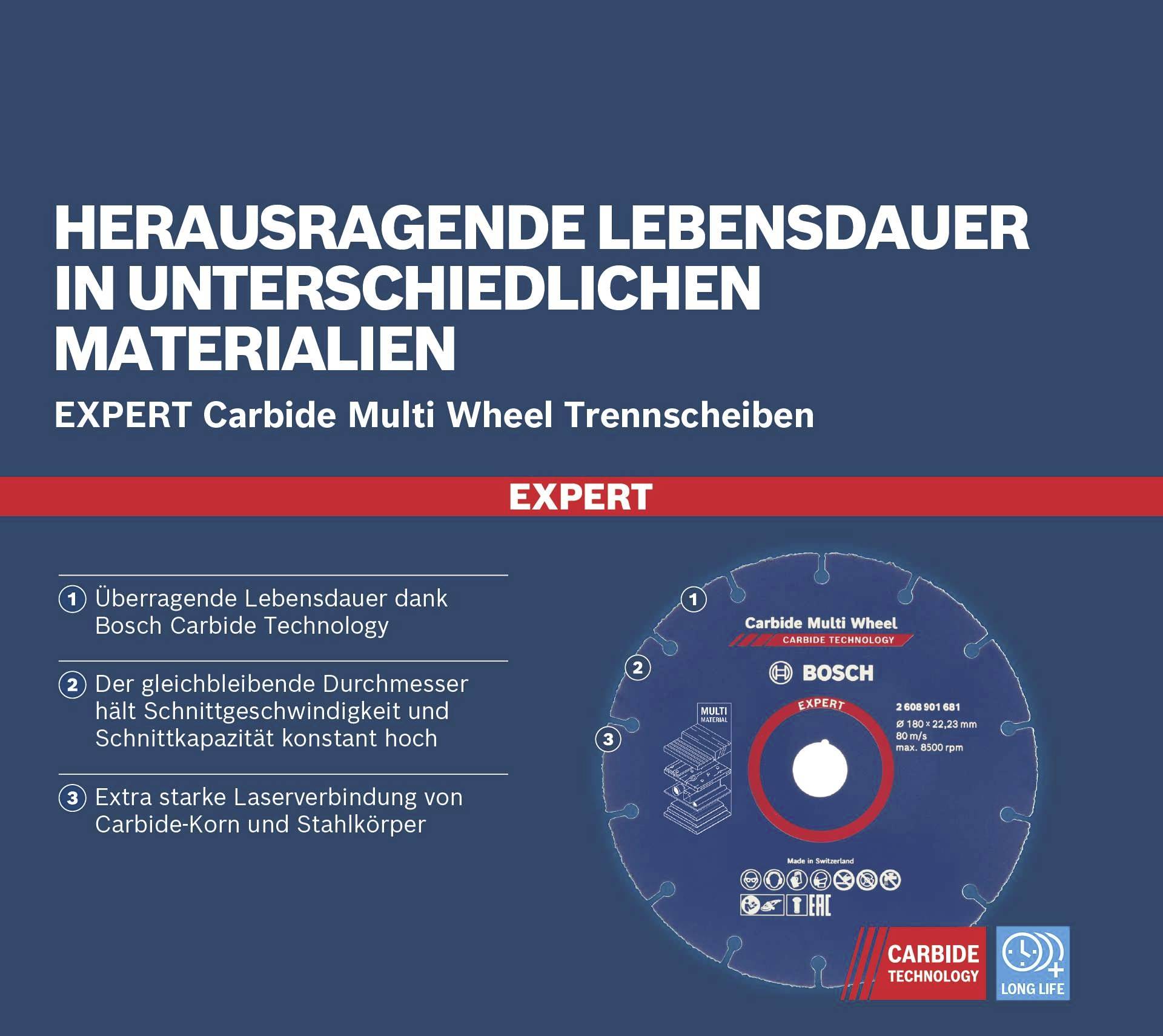 Kiemelkedő élettartam különböző anyagokban.' Bosch Carbide Technology-val felszerelt professzionális vágókorongok a hosszabb élettartamért.