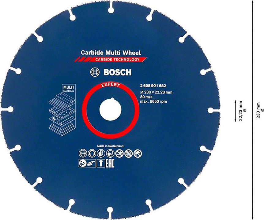 Kék körfűrészlap piros gyűrűvel. Felirat: 'Carbide Multi Wheel', 'Expert', '230 mm', '80 m/s', 'max. 6650 ford/perc'.