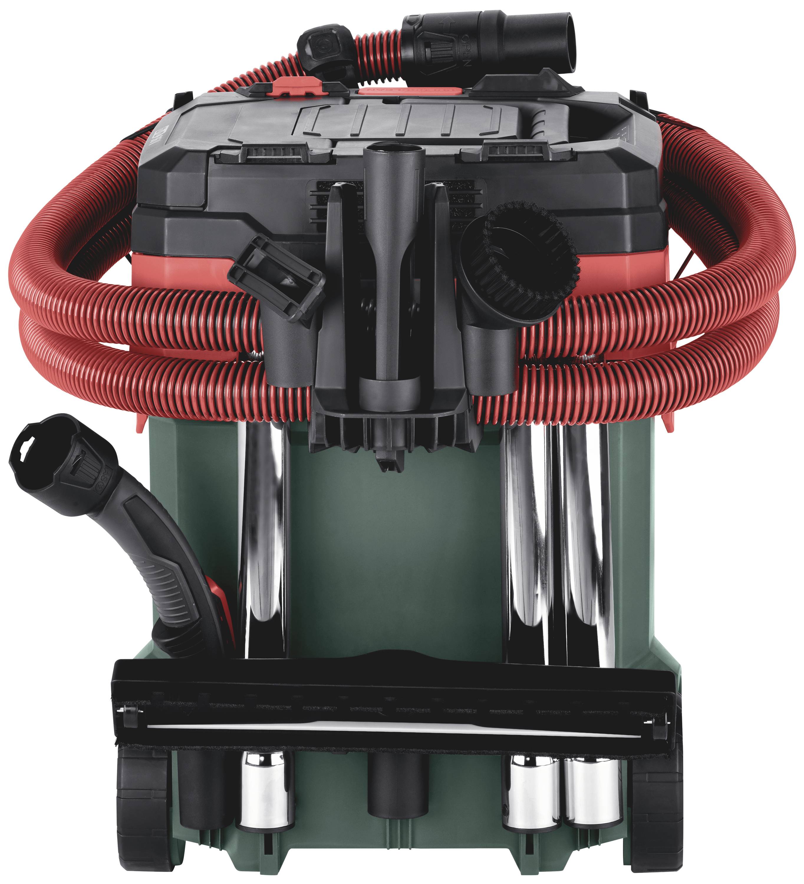 Egy piros tömlőkkel és fekete részletekkel ellátott nedves-száraz porszívó elölnézeti képe. Fő rendeltetése: műhelyek vagy építkezések takarítása.