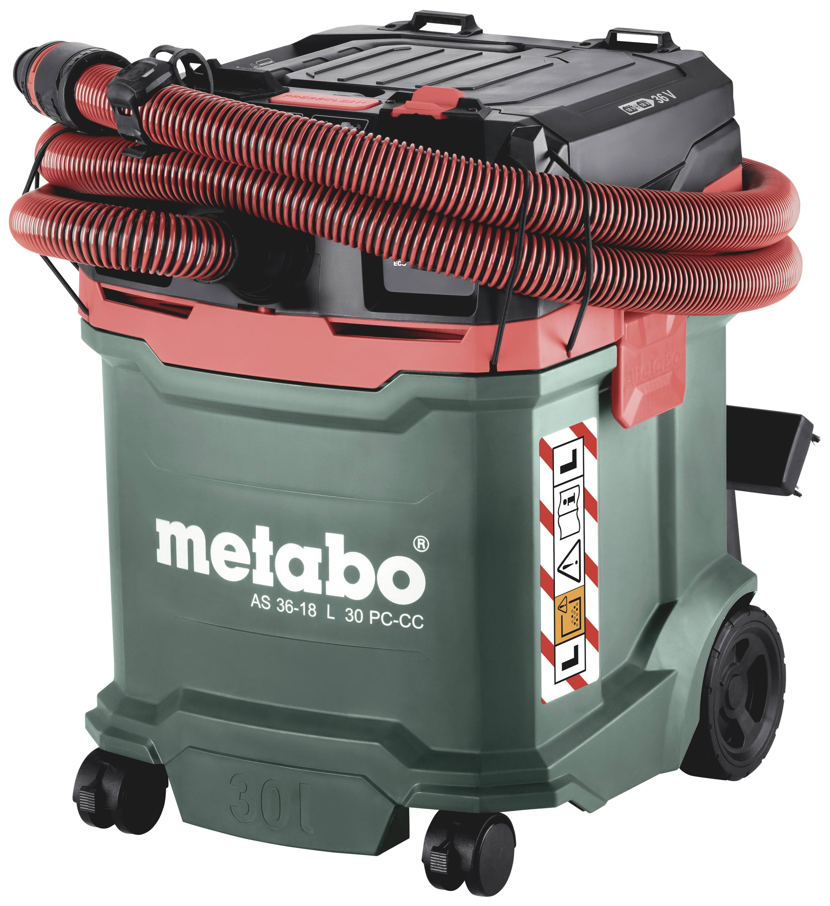 Ipari porszívó piros tömlővel és fekete fedéllel, 'Metabo' márka, zöld házban, AS 36-18 L 30 PC-CC modell.