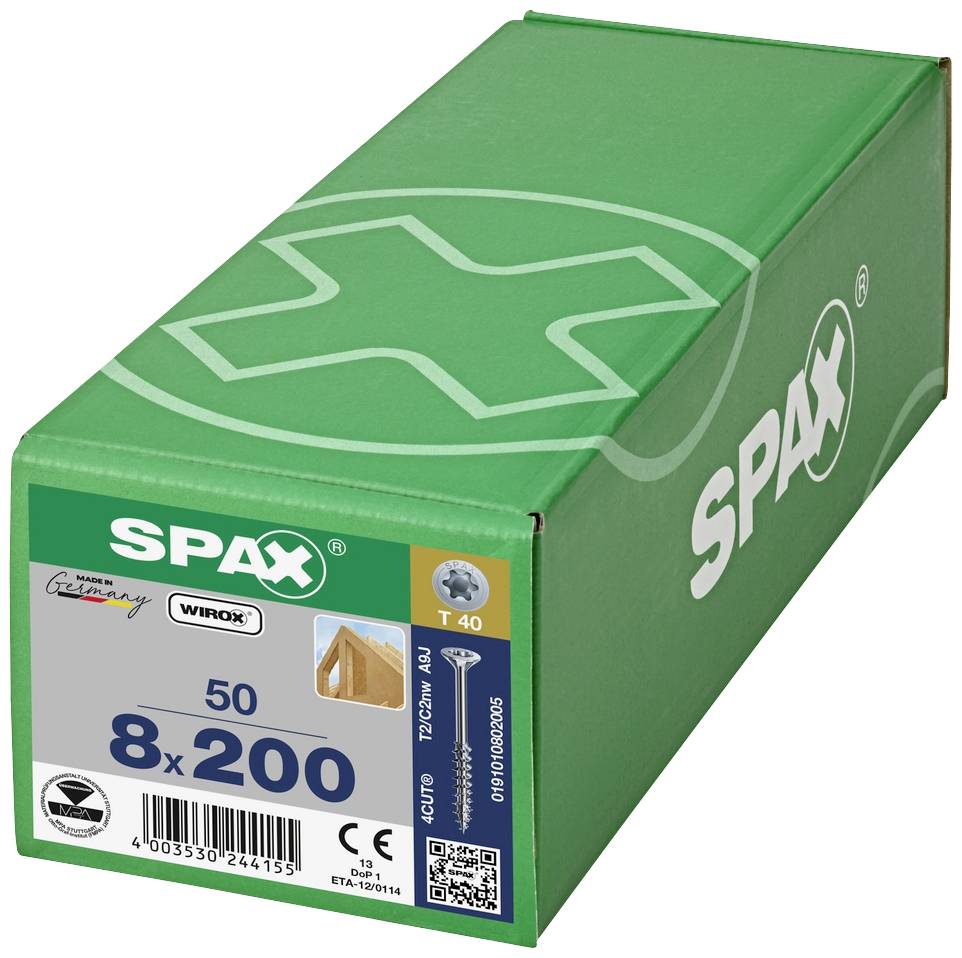 Egy zöld kartondoboz SPAX-csavarokhoz, 50 darab, 8x200 mm méretben. Németországban gyártva, a csavar oldalnézeti képével.