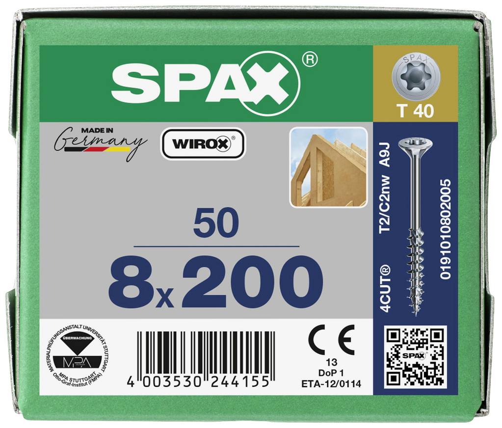 50 darabos csavardoboz, 8x200 mm méret, SPAX márka. Minőségi szimbólumokat és QR-kódot tartalmaz. Gyártva Németországban.