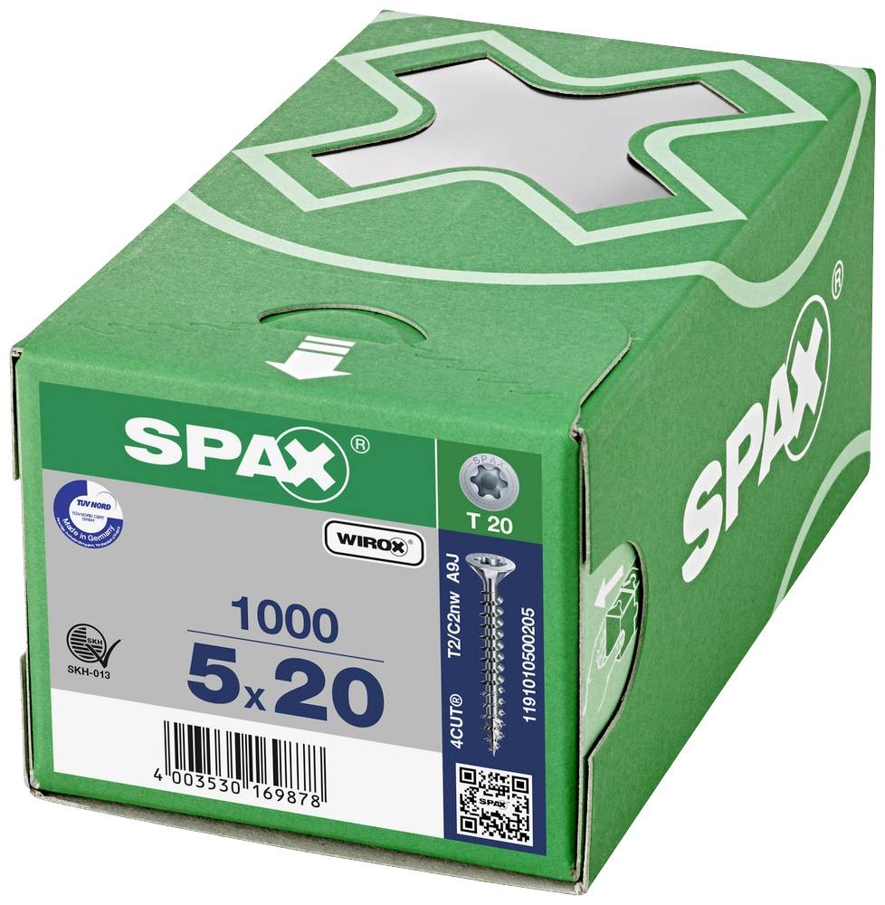 'SPAX 5x20' zöld-fehér csomagolás 1000 csavarral. Felül egy fehér kereszt látható. A márkalogó és a tanúsítványok jól kivehetőek.