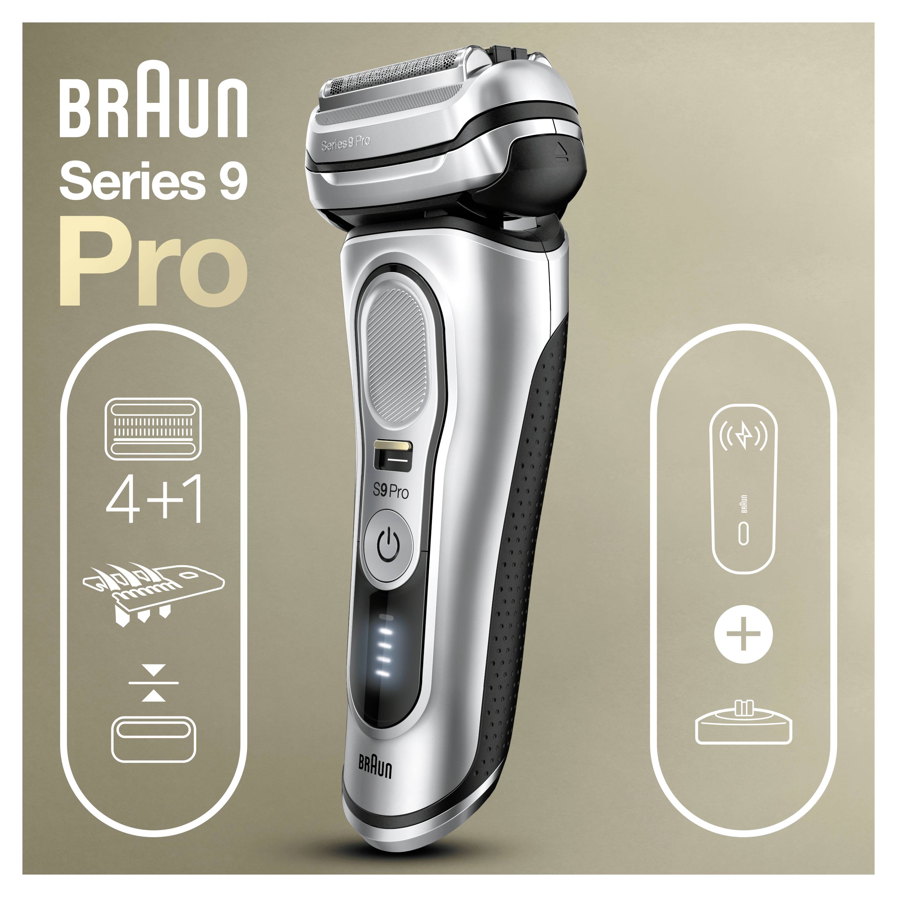Braun Series 9 Pro elektromos borotva bézs háttér előtt. Kiemelt jellemzők: 4+1 pengés, S9 Pro modell, vezeték nélküli töltés.