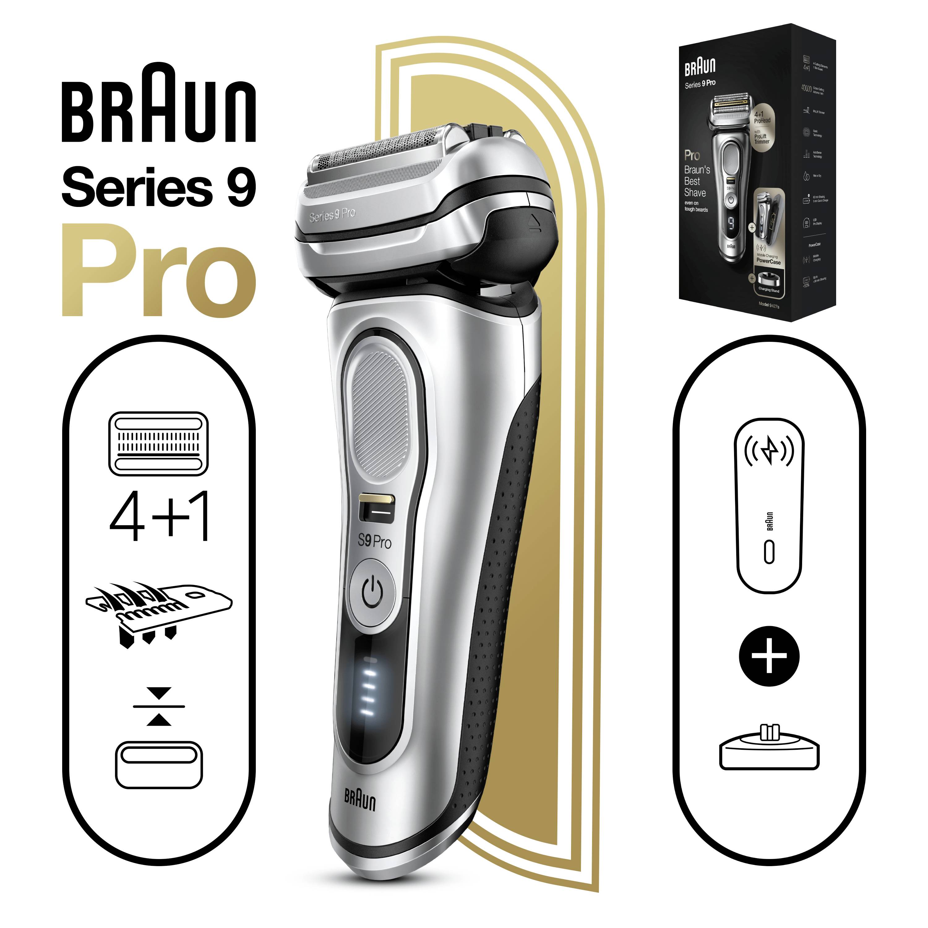 Braun Series 9 Pro elektromos borotva ezüst színben, csomagolással együtt. Tartalmaz 4+1 vágófejes rendszert és töltőállomást. Precíz borotválásra alkalmas.