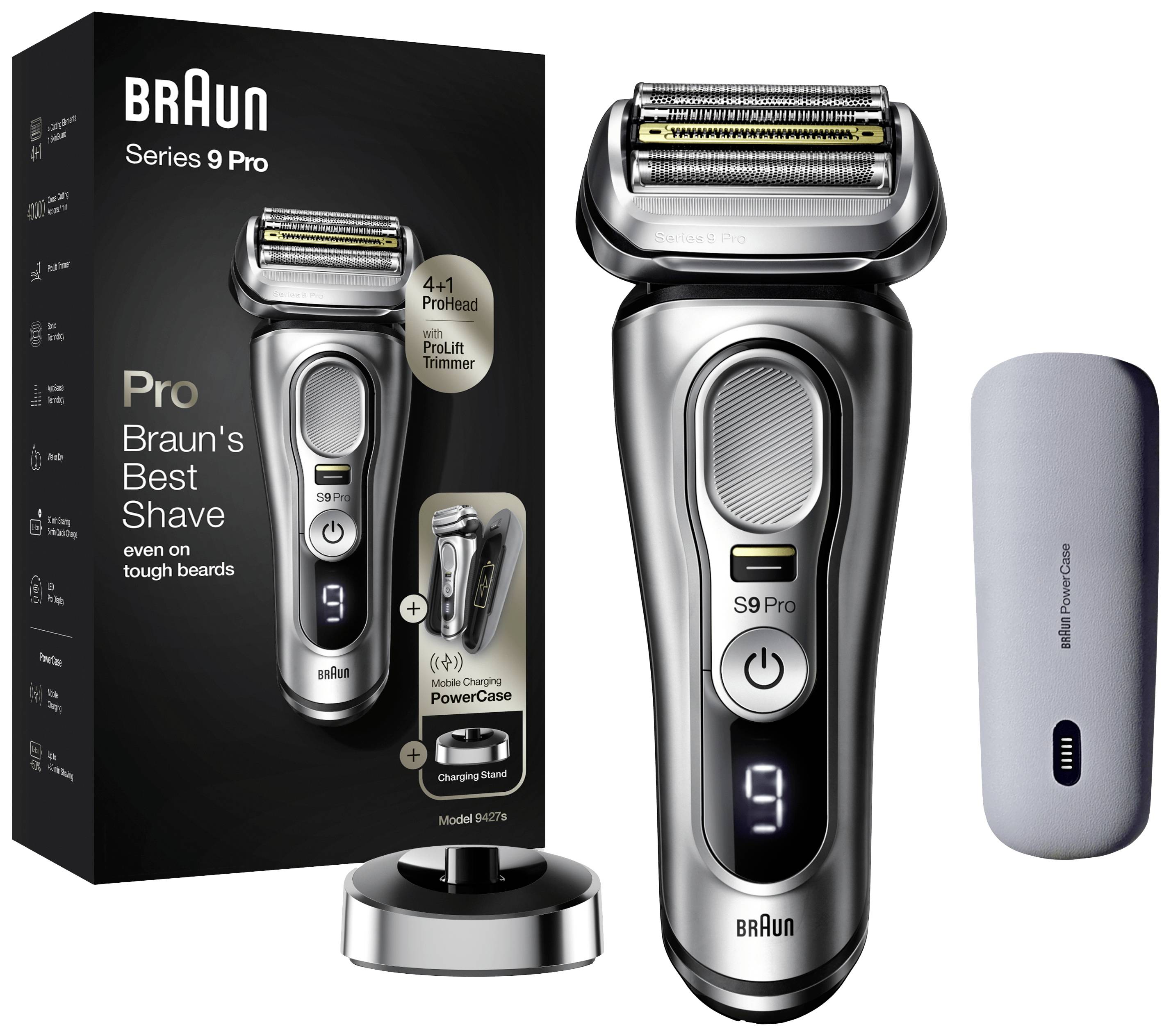 Braun Series 9 Pro elektromos borotva dobozával, töltőállomásával és töltőtáskájával együtt. A csomagon szereplő szöveg: 'Braun legkiválóbb borotválkozása'.