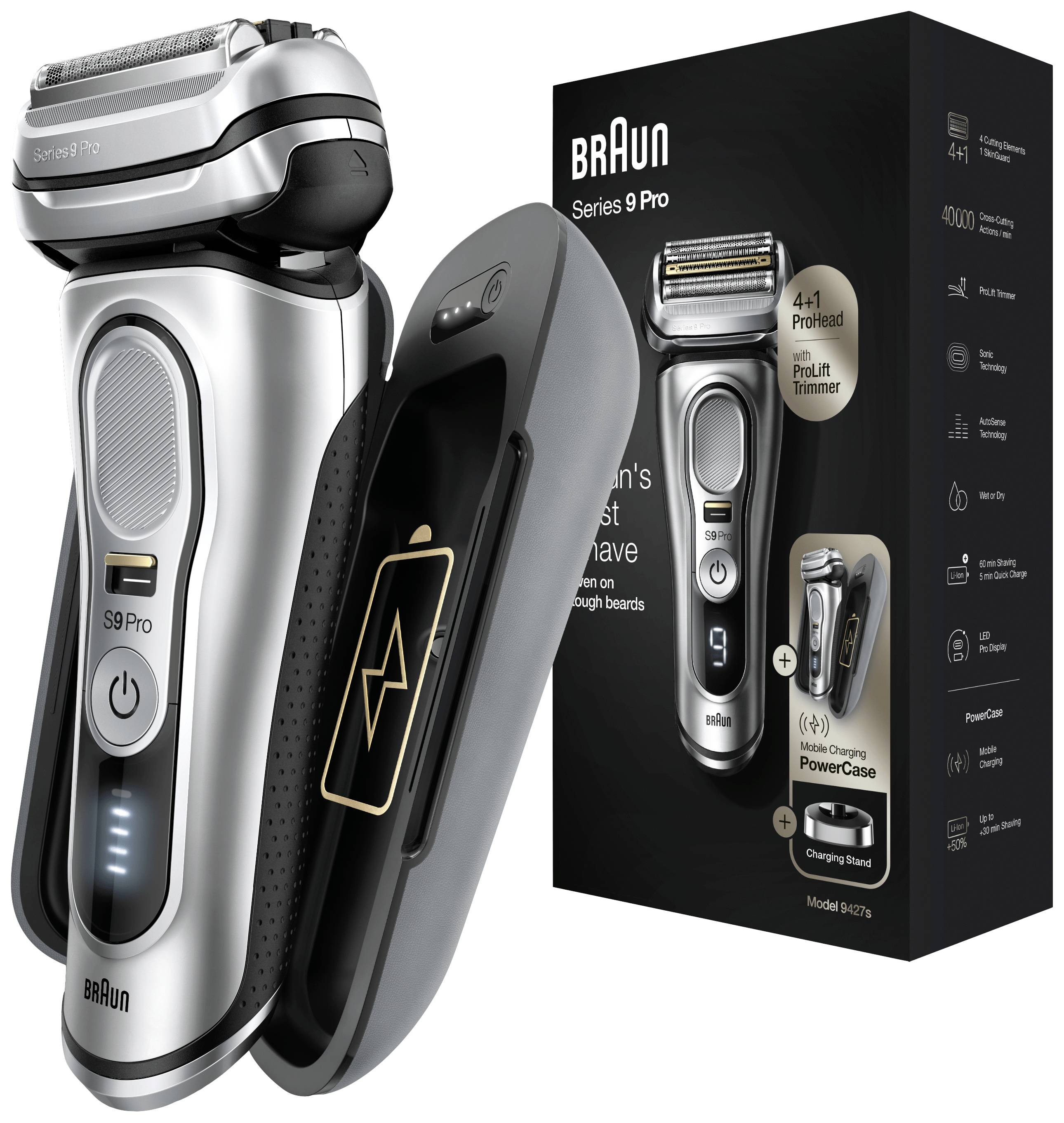 Braun Series 9 Pro elektromos borotva töltőállomással és csomagolással. Termékjellemzők: precíziós trimmer és PowerCase.