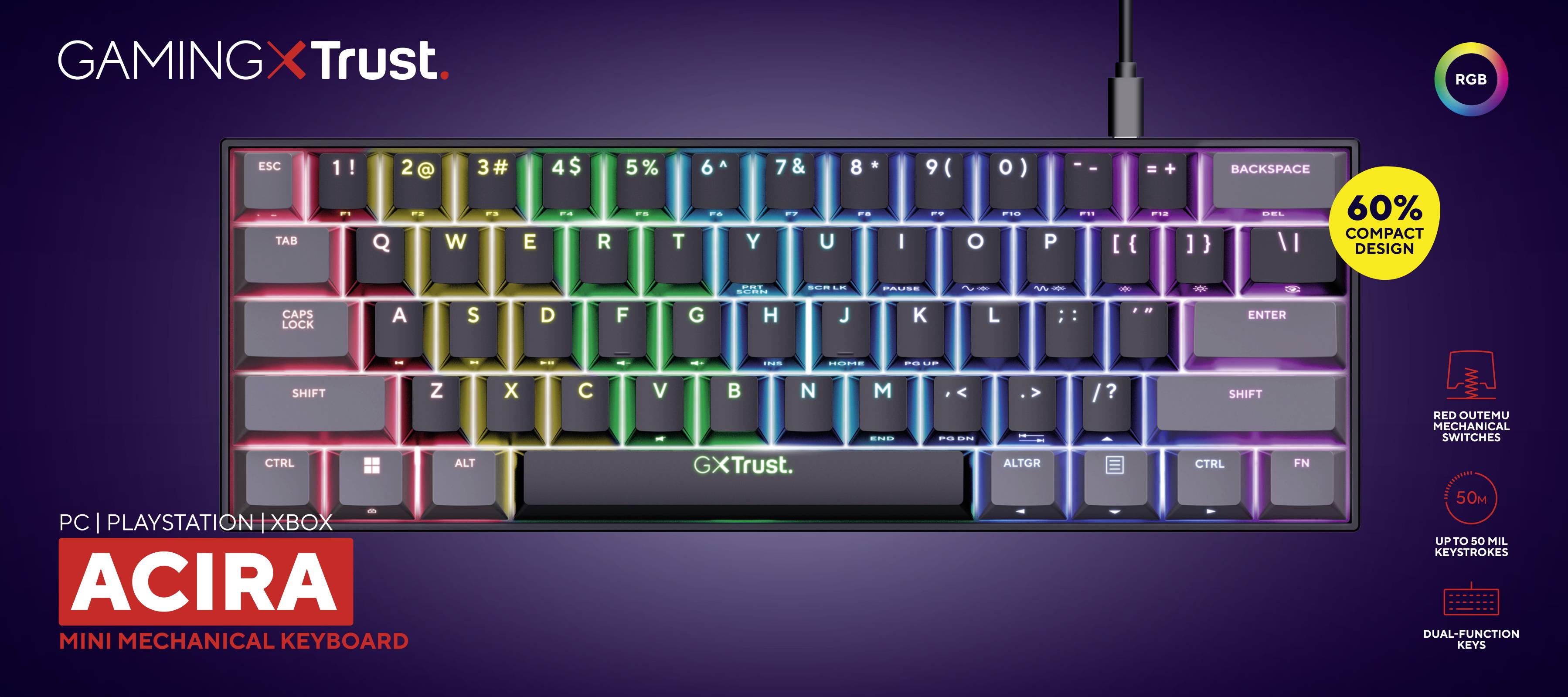 Egy mechanikus gamer billentyűzet RGB-világítással, 60%-os kompakt kialakítással. Felirat: 'ACIRA MINI MECHANIKUS BILLENTYŰZET'.