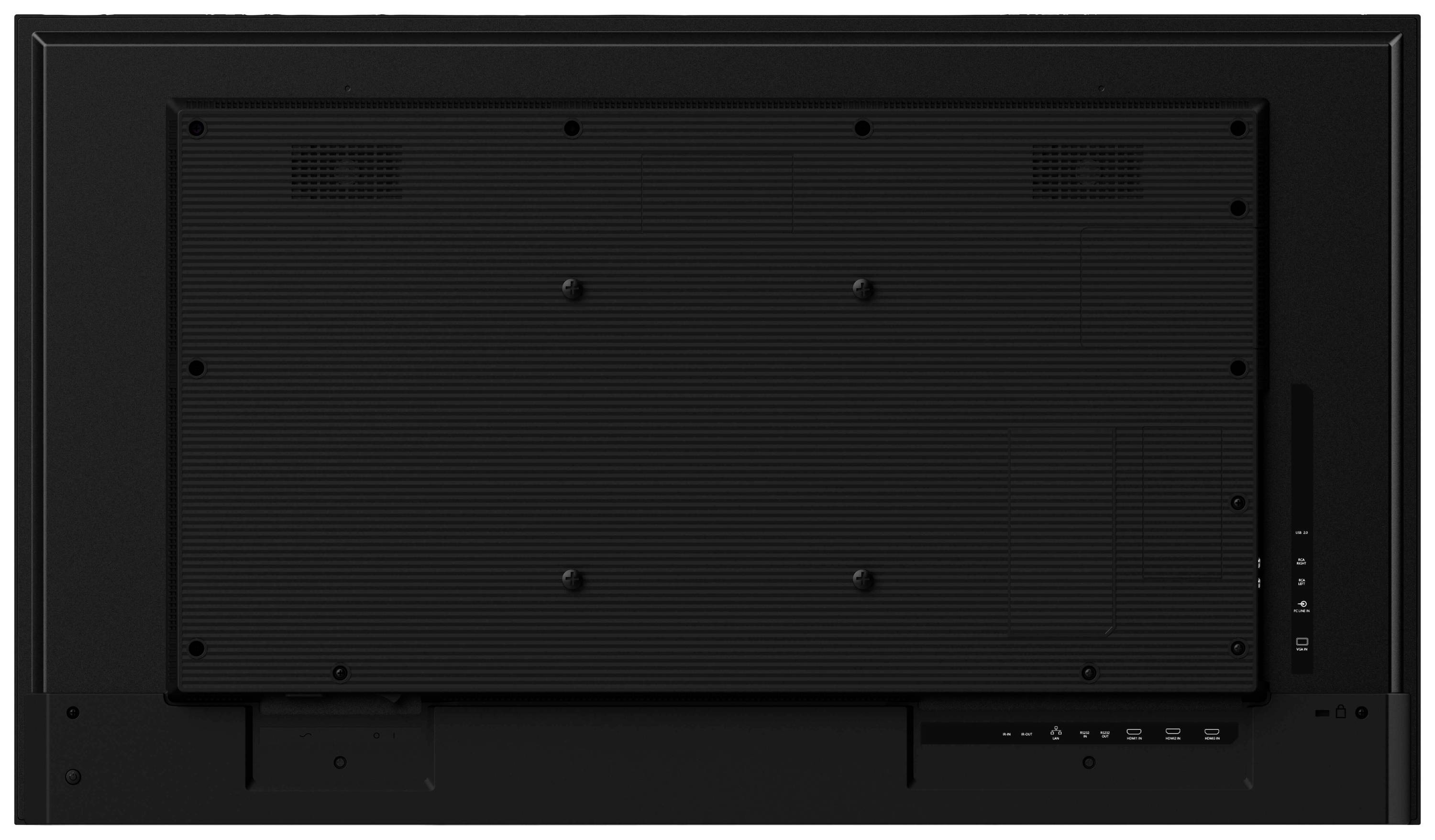 Egy fekete televízió hátoldala, rajta különböző csatlakozási lehetőségekkel és szellőzőnyílásokkal.