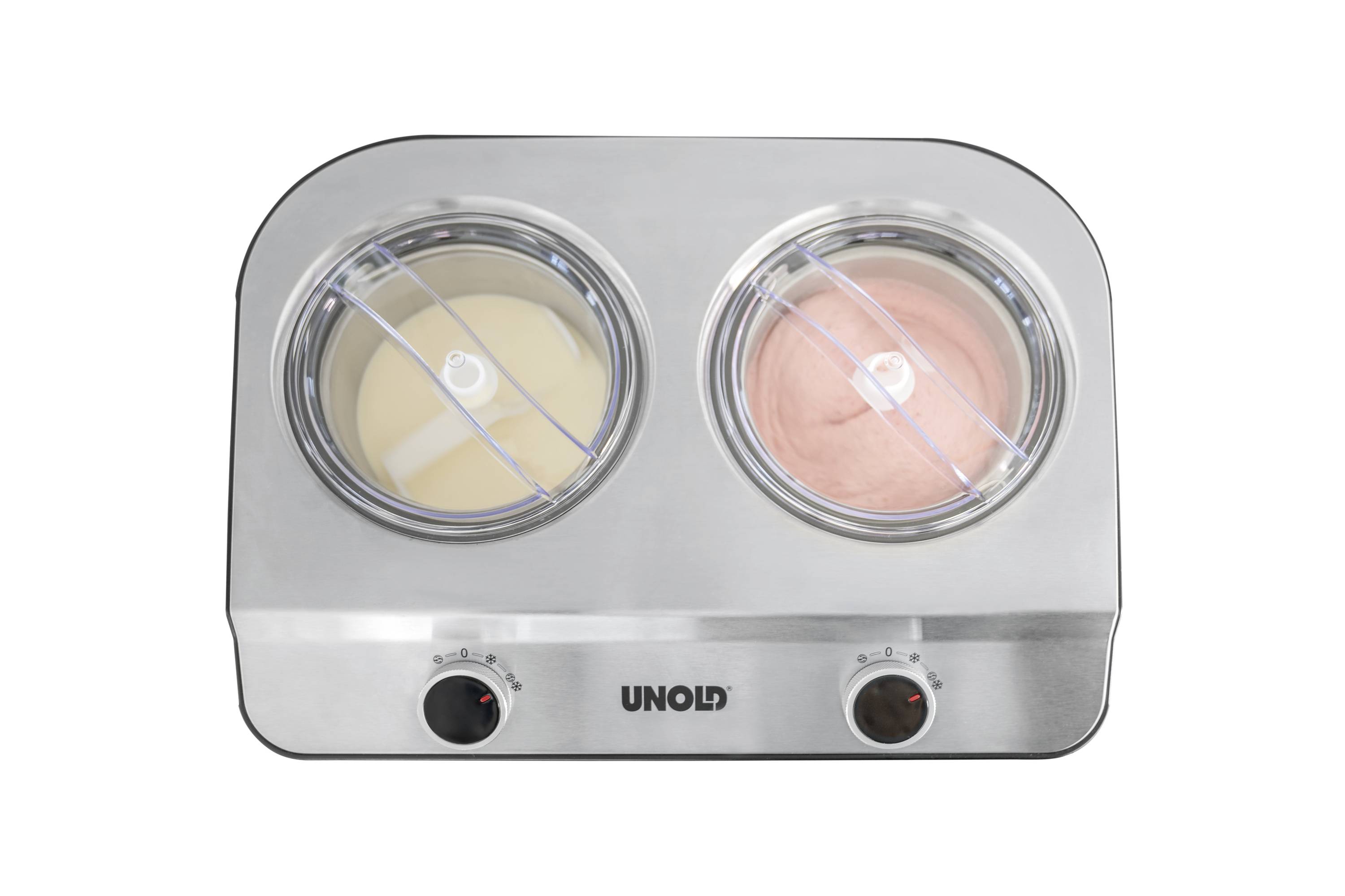 Dupla fagylaltgép két átlátszó fedéllel, az egyik sárga, a másik rózsaszín fagylaltkeverékkel, kezelőgombok elöl.