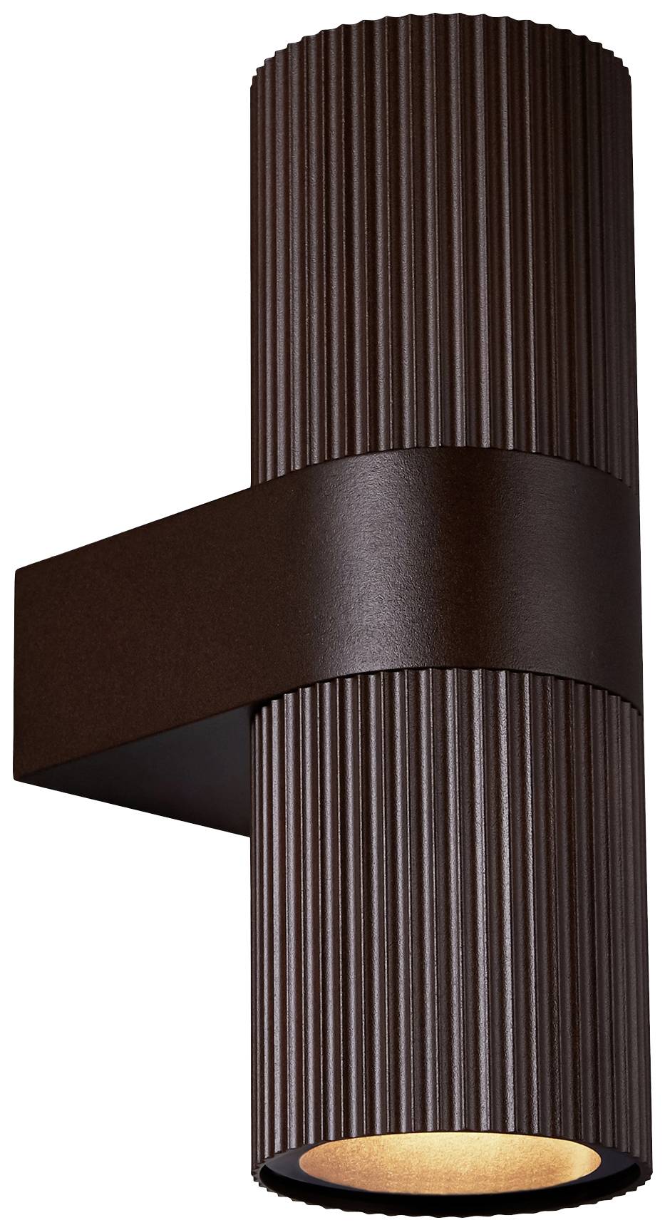 Barna bordázott felületű hengeres fali lámpa, lefelé világít, modern dizájnnal, bel- és kültéri használatra egyaránt alkalmas.