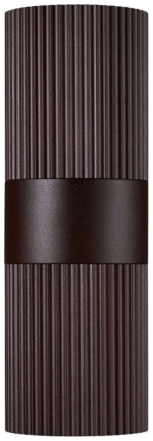 Egy sötétbarna, hengeres lámpa bordázott felülettel. Egyszerű, modern formatervezésű.