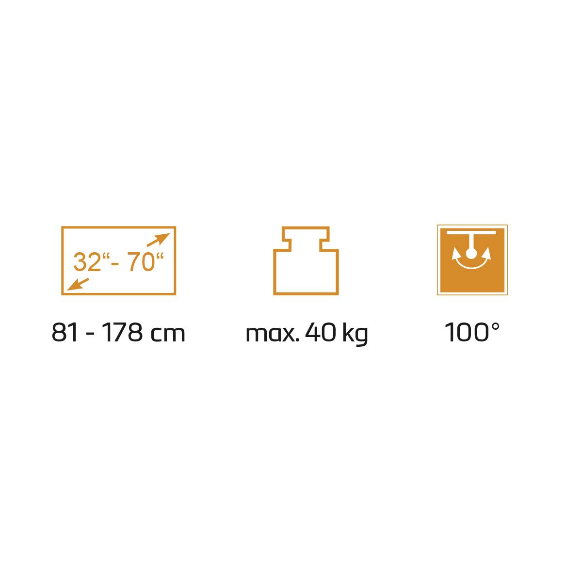 Méretek: 81-178 cm, max. 40 kg, dőlésszög: 100°, képernyőméret: 32"-70".'