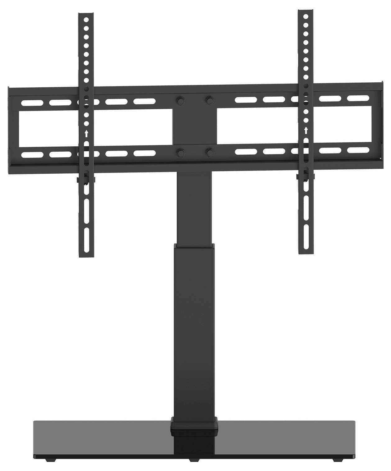 Egy fekete, fémből készült TV-állvány állítható magasságú tartóval, lapos képernyős televíziókhoz alkalmas.
