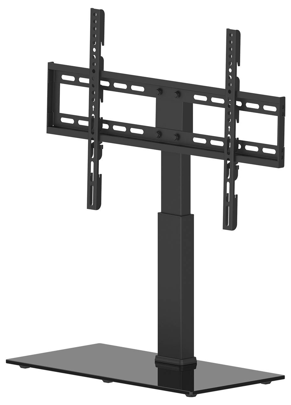 Egy fekete TV-állvány téglalap alakú üveg talapzattal és magasságállítható tartóval lapos képernyős televíziókhoz.