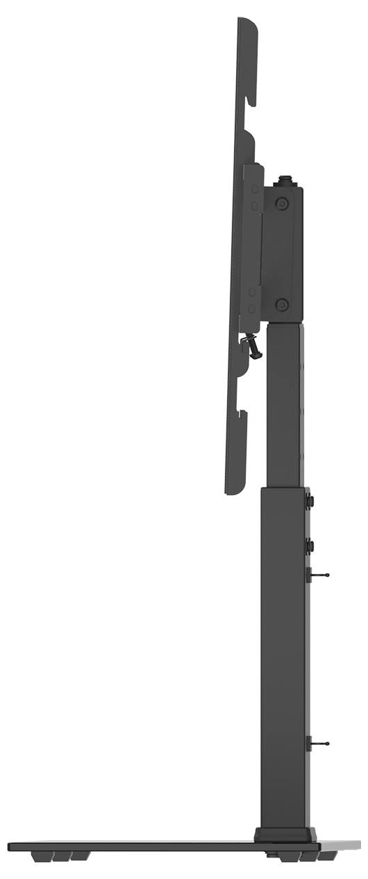 Egy magasságában állítható állvány által rögzített lapos, függőleges képernyő oldalnézete. Ideális a rugalmas képernyő-elhelyezéshez.