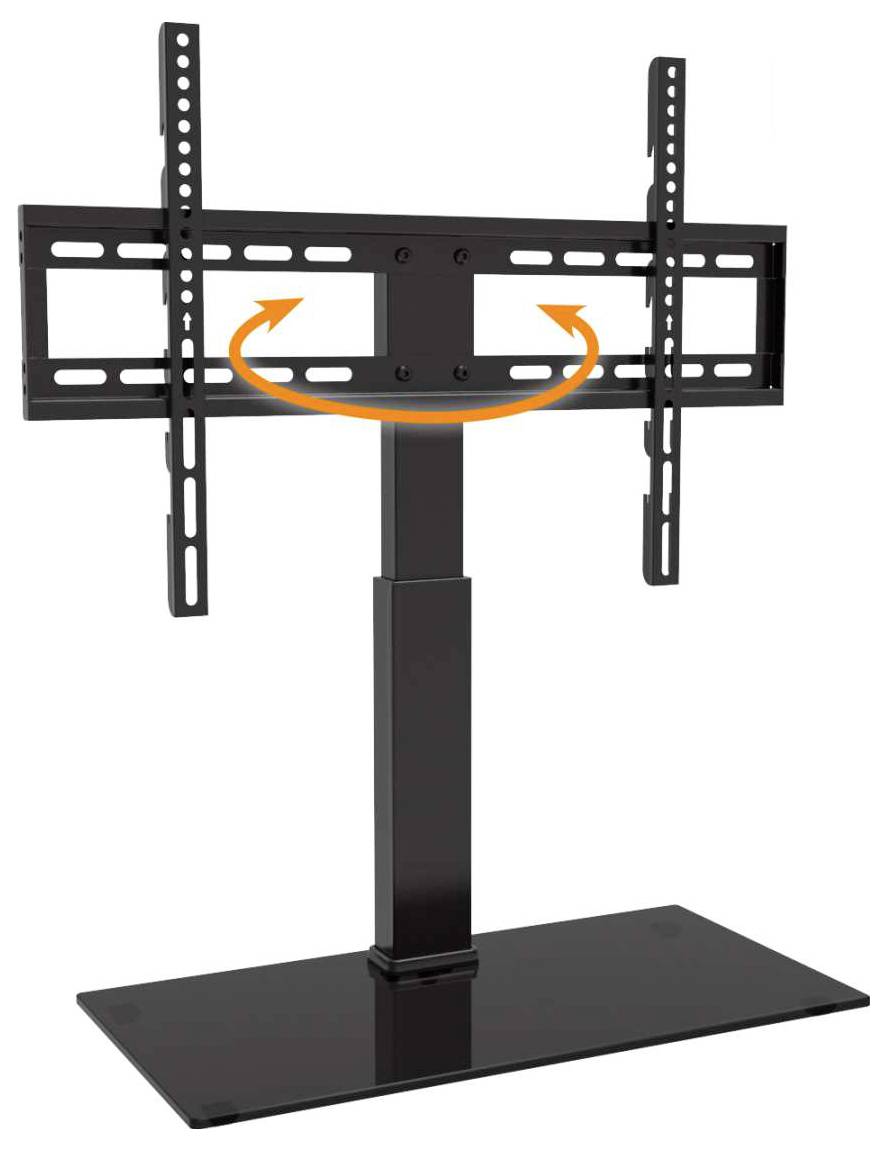 Fekete fém TV-tartó forgó középső résszel és stabil üveg alappal. Alkalmas különböző méretű lapos képernyős televíziókhoz.