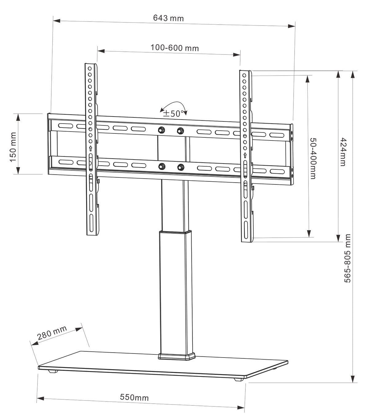 TV-tartó méretekkel: Szélesség 643 mm, magasság 565-805 mm, az alap mélysége 280 mm. Állítható TV-szélesség 100-600 mm.