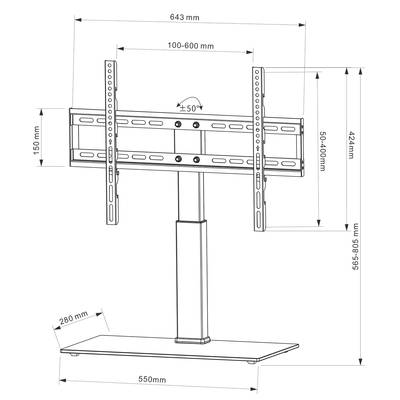 TV-tartó méretekkel: Szélesség 643 mm, magasság 565-805 mm, az alap mélysége 280 mm. Állítható TV-szélesség 100-600 mm.