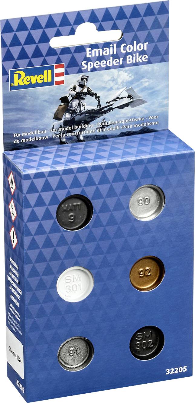 Revell Email Color festékek csomagolása. Hat szín egy készletben: fekete, szürke, ezüst, fehér, réz és arany. Modellezéshez.