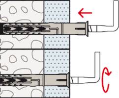 'Rögzítési diagram': Egy tipli és egy csavar jobbmenetes csavarással kerül rögzítésre a falba.