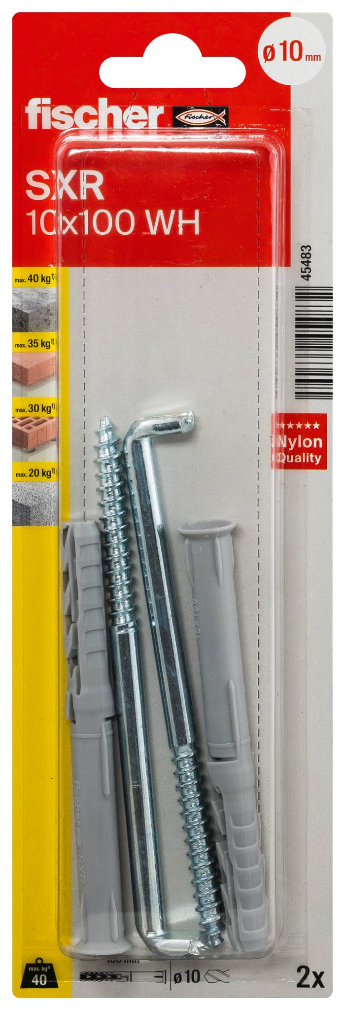 Fischer SXR 10x100 WH nylon falirozódugók csomagolása, amely két rozódugót és az azzal egyező csavarokat mutat egy átlátszó buborék csomagolásban.