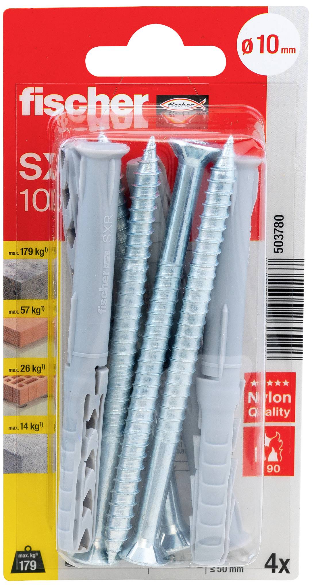 Fischer-csavarok és dübelek csomagolása, méret 'Ø 10 mm', alkalmas különböző anyagokhoz, 14-179 kg közötti teherbírással.