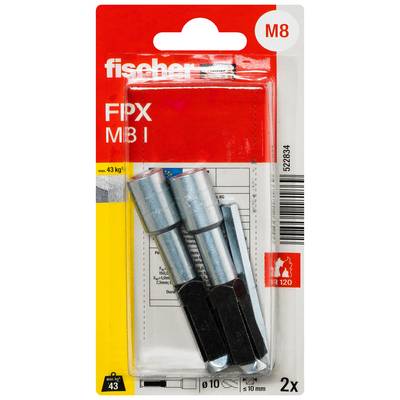 Két darab Fischer FIPX MB I M8 fém dübel piros-fehér buborék csomagolásban, amely max 43 kg és 2x felirattal ellátott.