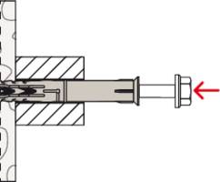 Egy horgonycsavar diagramja, amely egy falba van beépítve. A piros nyíl a csavar meghúzásának irányát mutatja.
