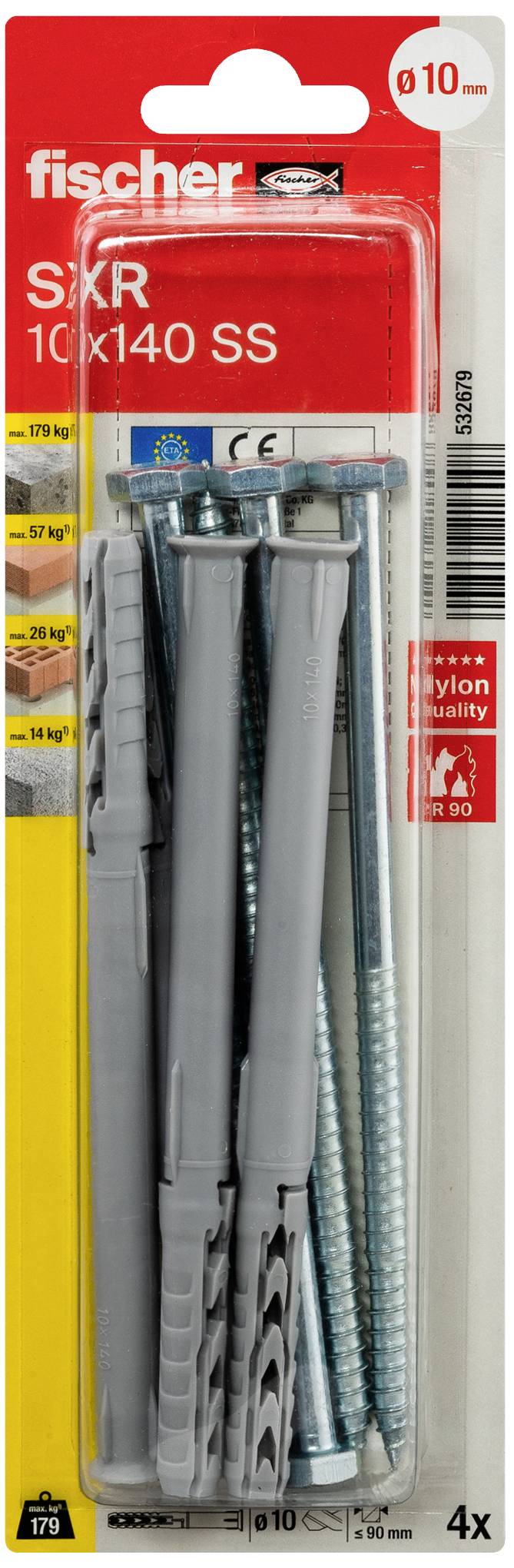 Fischer SXR 10x140 SS univerzális dübel csomagolás, négy szürke dübelt és négy csavart tartalmaz. Alkalmas 10 mm-es fúrásokhoz, akár 179 kg teherbírásig.