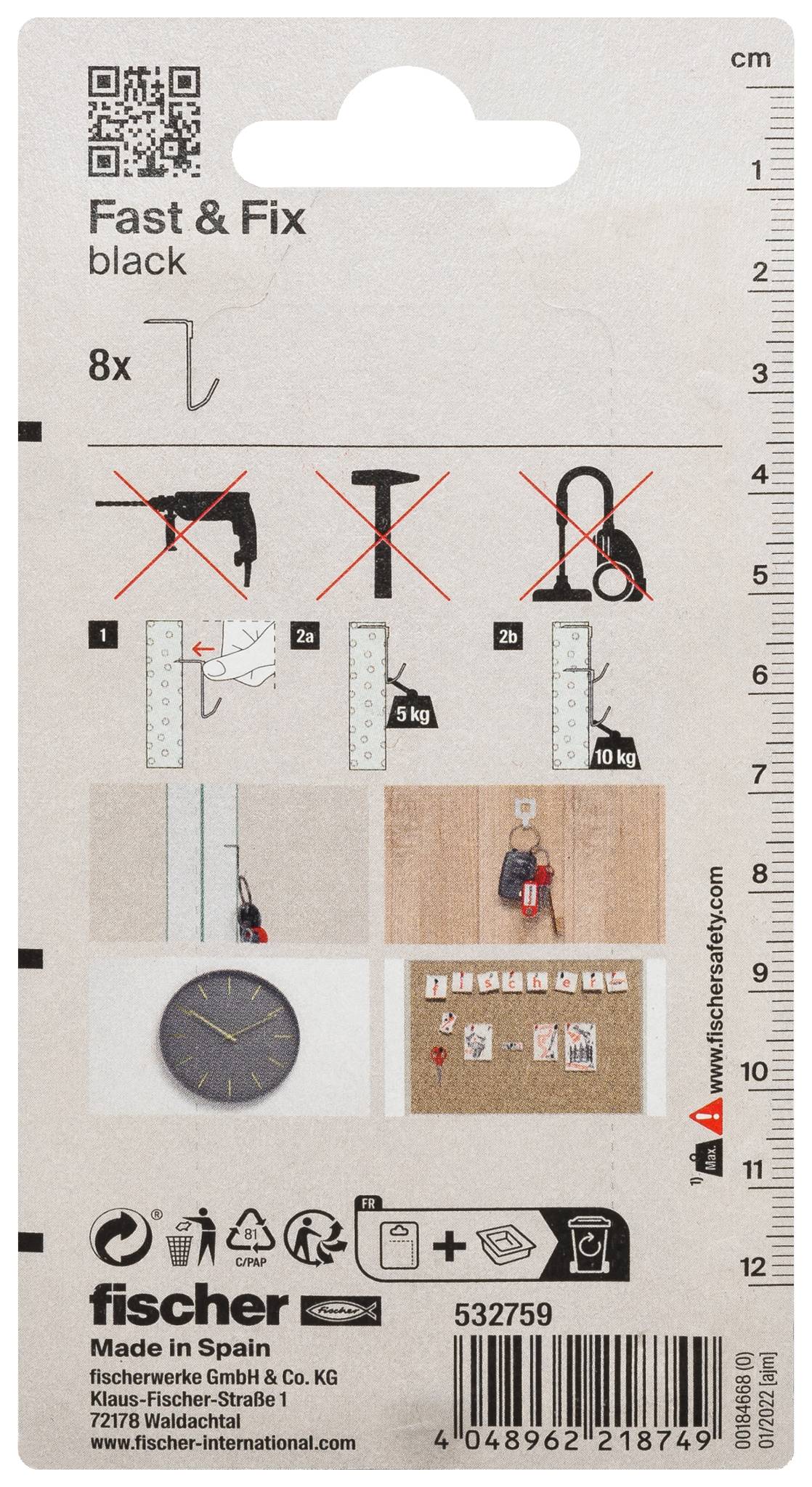 Fischer Fast & Fix fekete, 8x falitípusra, szerelési diagramokkal, méretezési skálával és termékkóddal ellátott csomagolás.