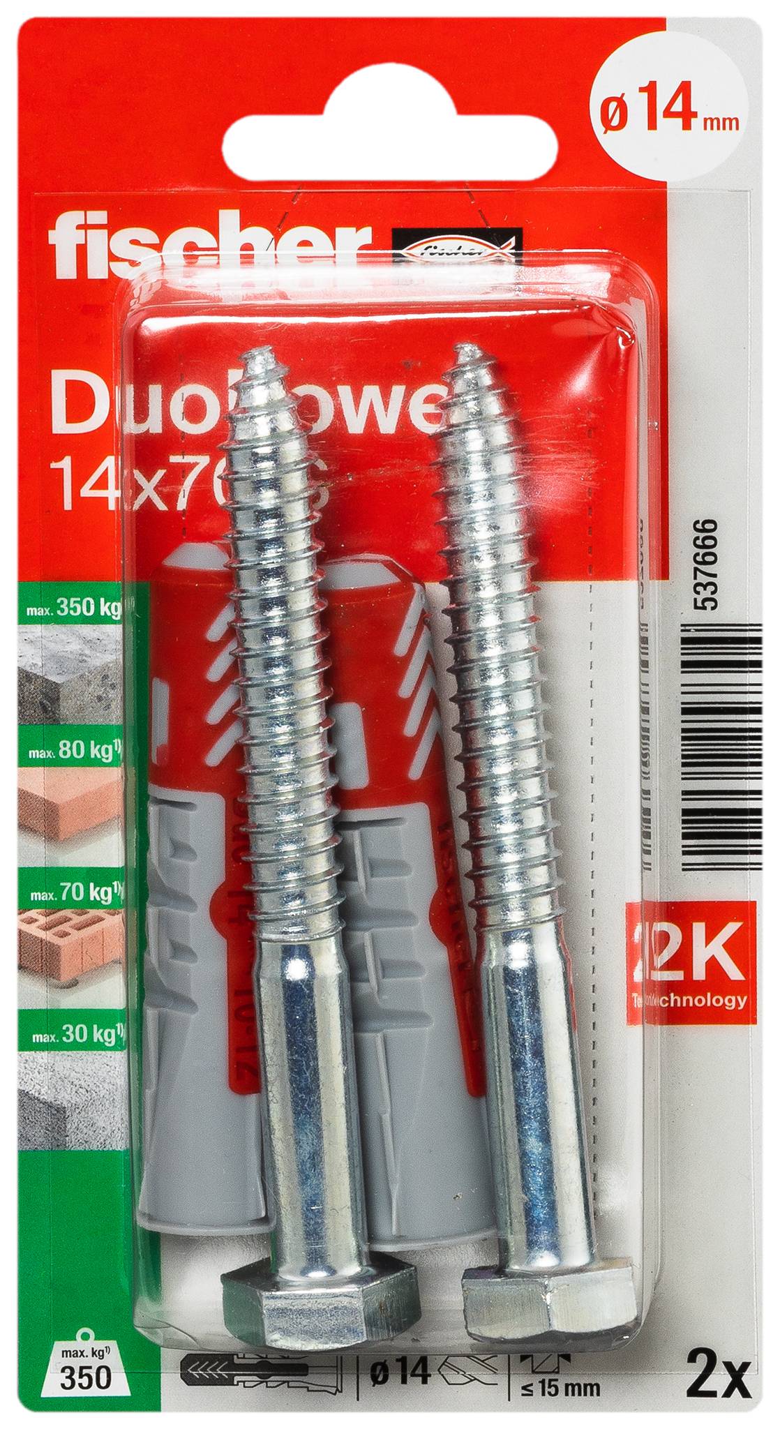 Fischer 537666 DuoPower 14 x 70 S K NV Tipli készlet 70 mm 14 mm 1 készlet