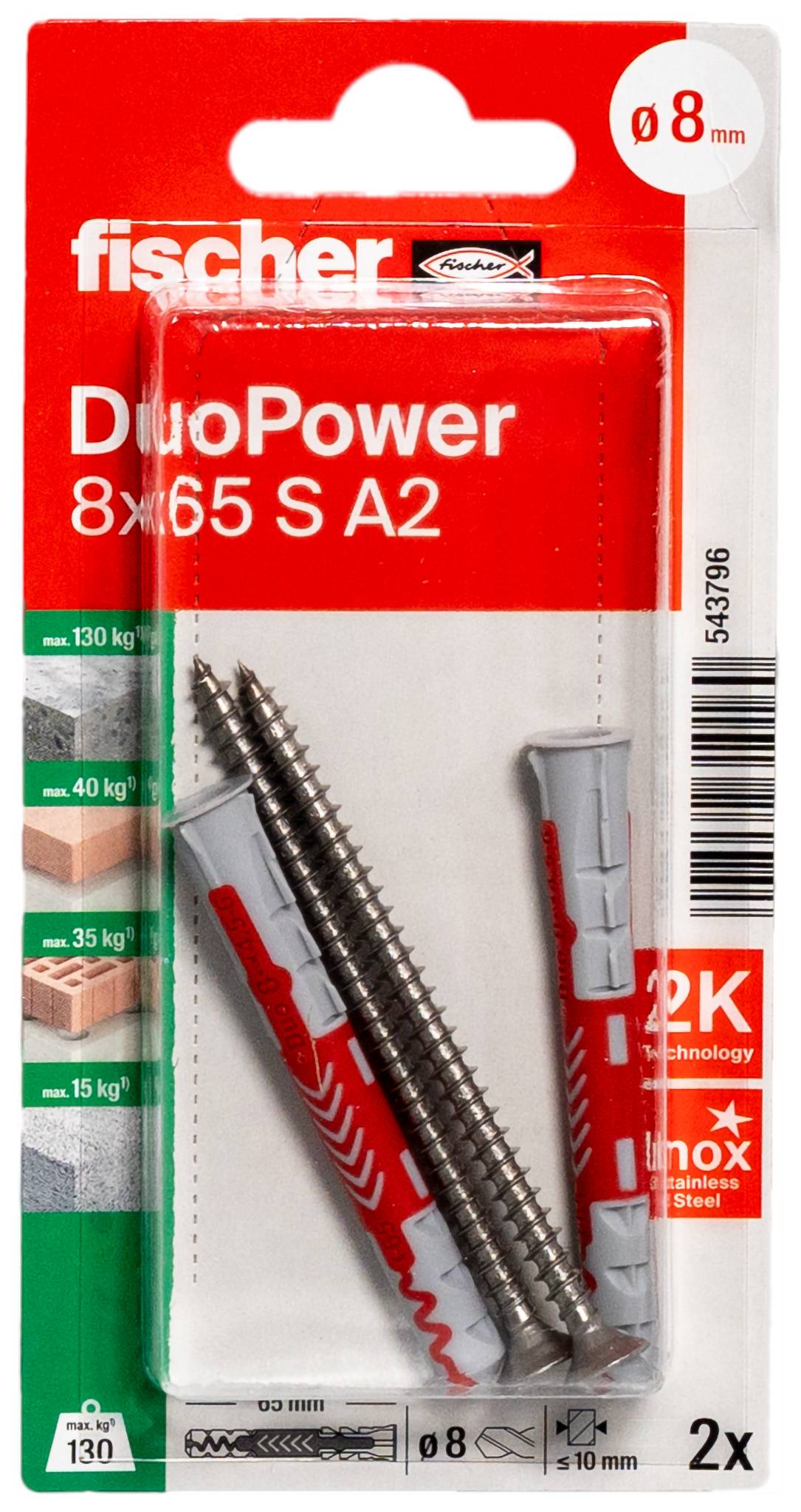Fischer 543796 DuoPower 8 x 65 S A2 K NV Tipli készlet 65 mm 8 mm 1 készlet