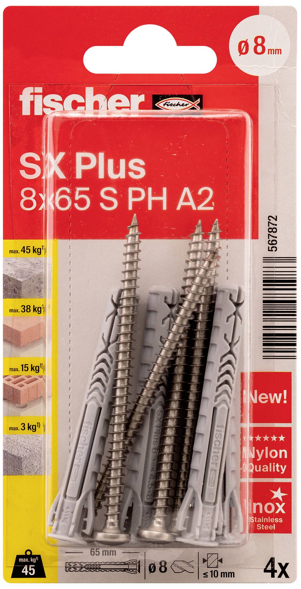 'Csomag Fischer SX Plus 8x65 S PH A2 csavarokkal és tiplikkel, rozsdamentes acél, alkalmas betonhoz, téglához és kőhöz, Ø 8 mm.'