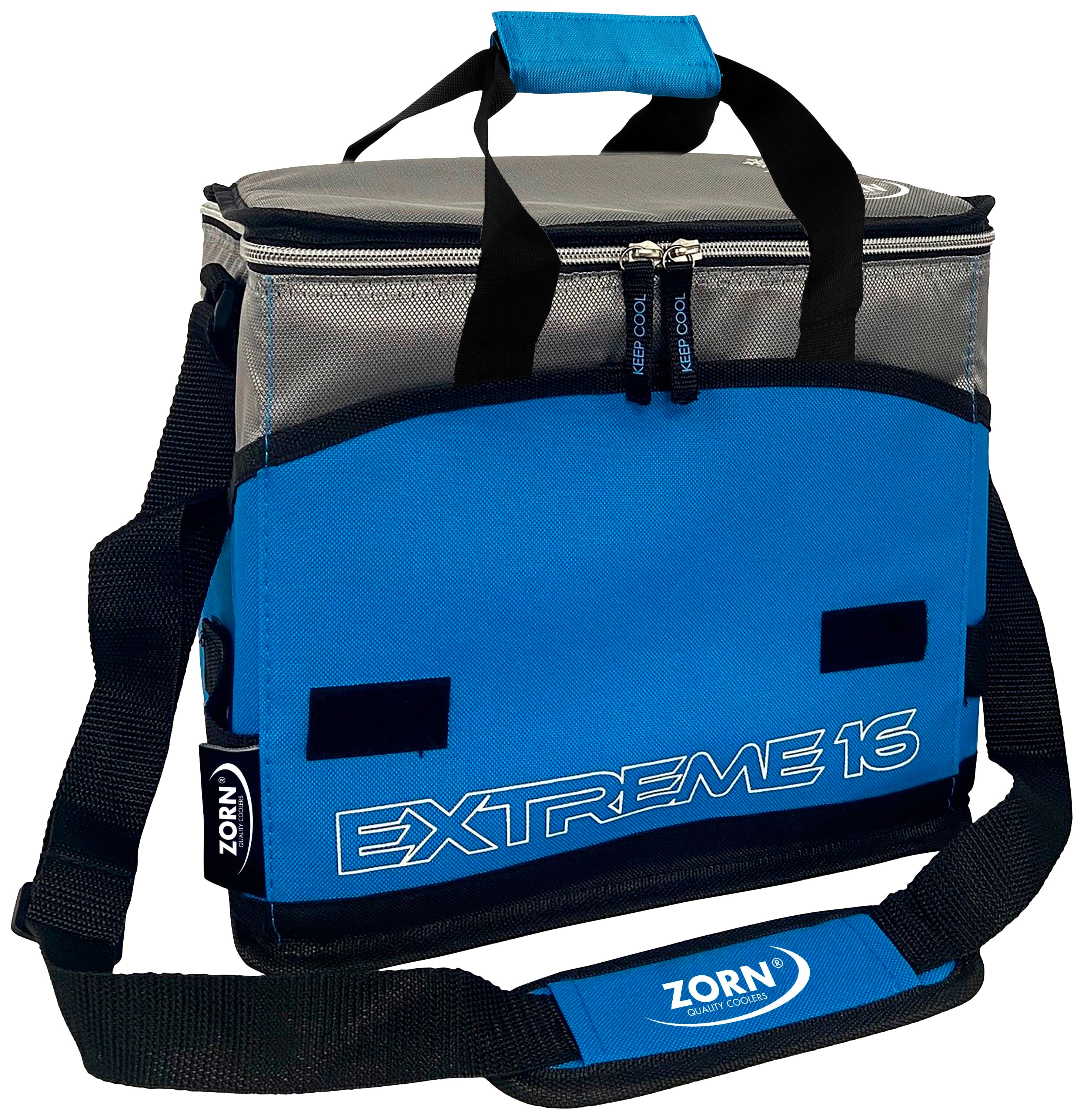 Kék és szürke anyagból készült hűtőtáska fogantyúval és vállpánttal, az 'Extreme 16' felirattal és a 'Zorn' logóval a pánton.