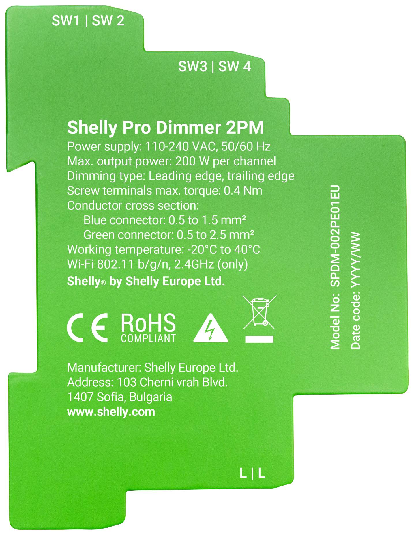 Zöld matrica a Shelly Pro Dimmer 2PM-hez. Tartalmaz információkat az áramellátásról, hőmérsékleti tartományról és gyártói adatokról.