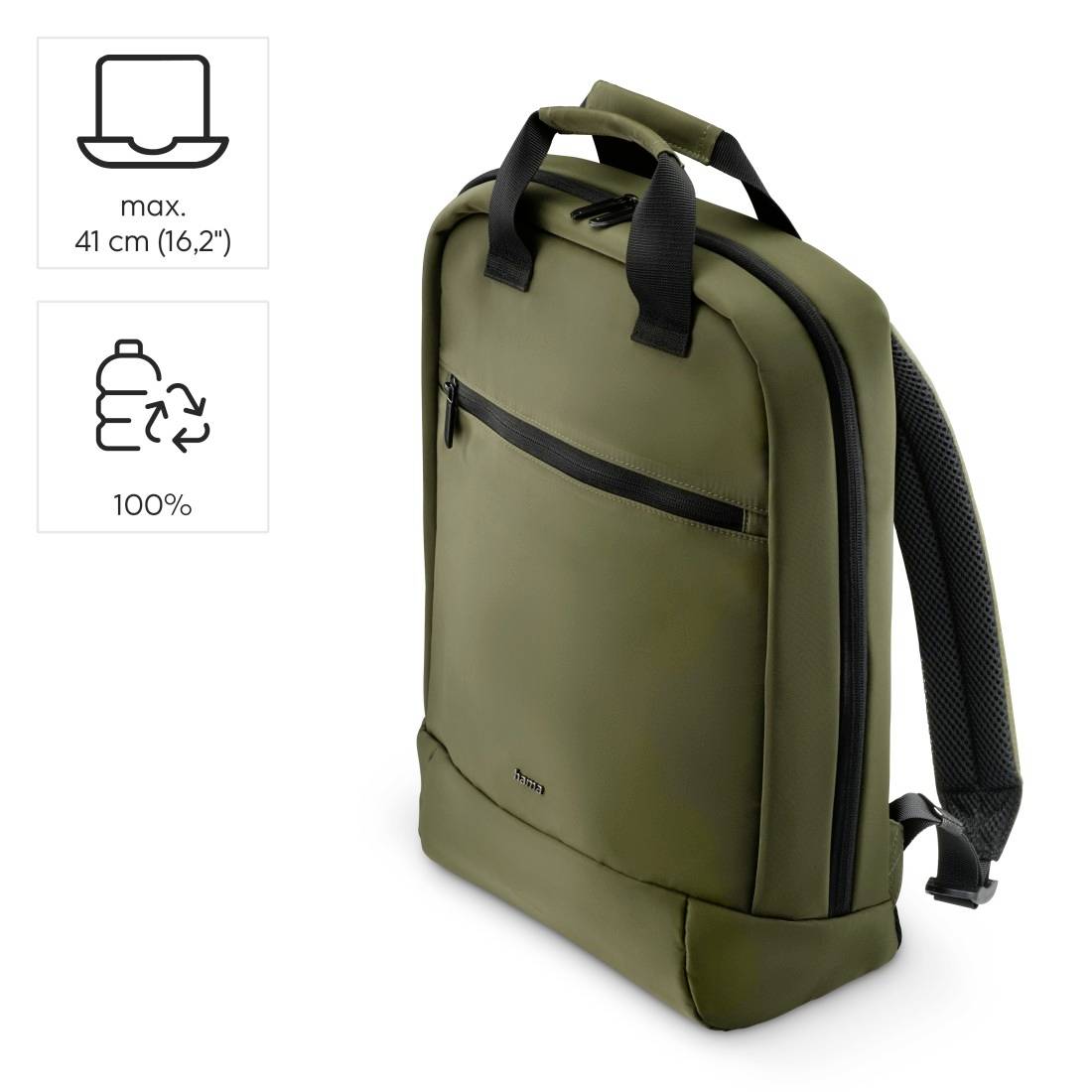 Zöld hátizsák-táska, alkalmas 41 cm-es laptopokhoz. 100%-ban újrahasznosított anyagból készült. Elülső zsebbel és párnázott pántokkal.