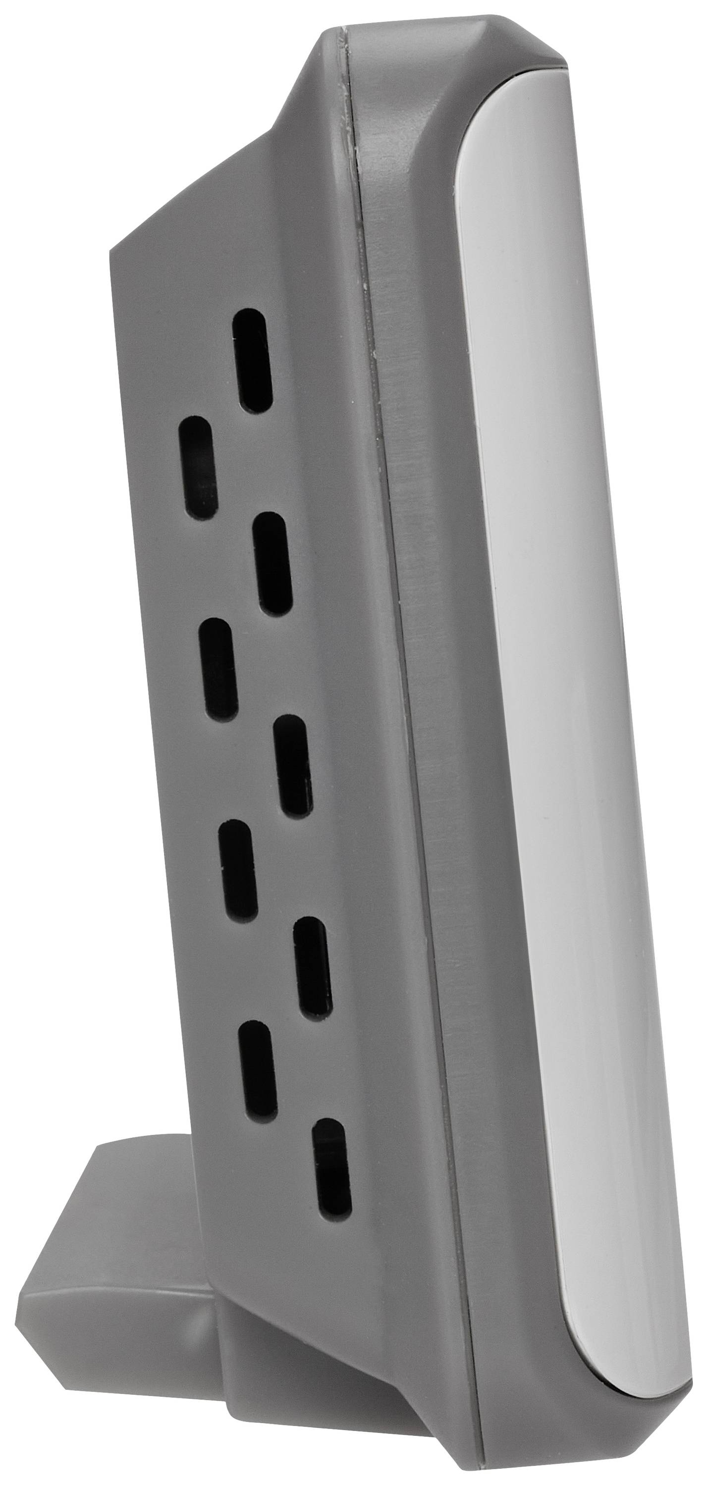 Álló, szürke, függőleges műanyag ház szellőzőnyílásokkal a bal oldalán, széles és stabil talapzaton.