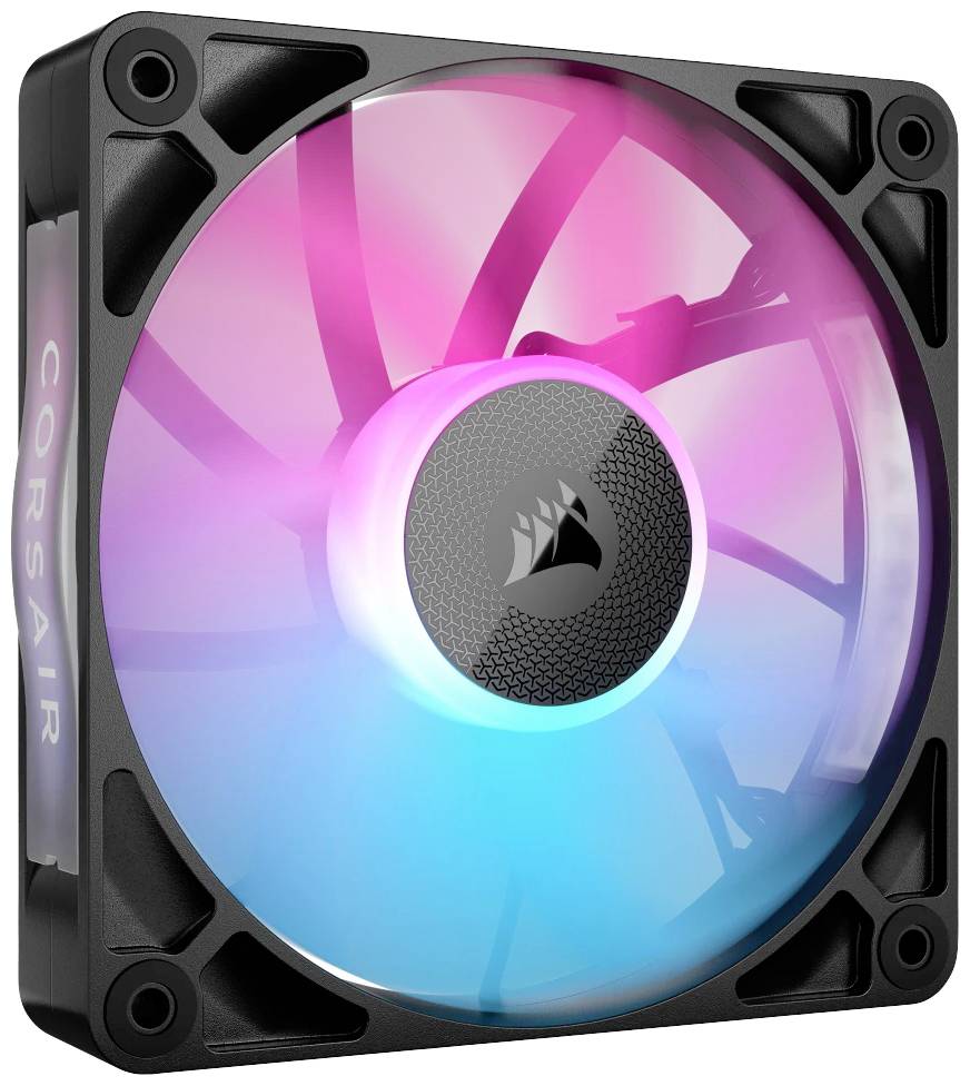 RGB-s számítógép ventilátor fekete kerettel és élénk világító effektekkel rózsaszín és kék színekben. Ideális PC hűtésére és látványos díszítésére.