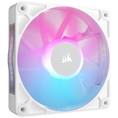 Fehér LED-ventilátor RGB-megvilágítással rózsaszín és kék színben. Márkalogó a közepén. Számítógépekbe beépített hűtőrendszer.