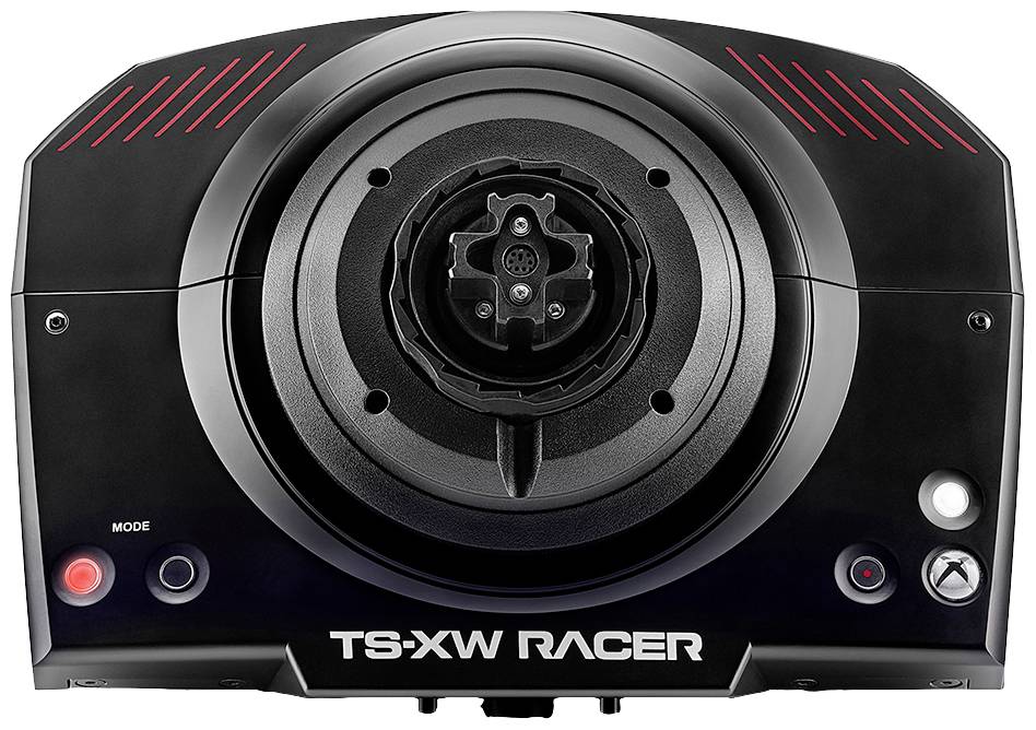 'TS-XW Versenyző' - Egy fekete kormánybázis-eszköz látványa szimulációs versenyekhez, amely gombok és kijelzőfények vannak az elülső oldalán.