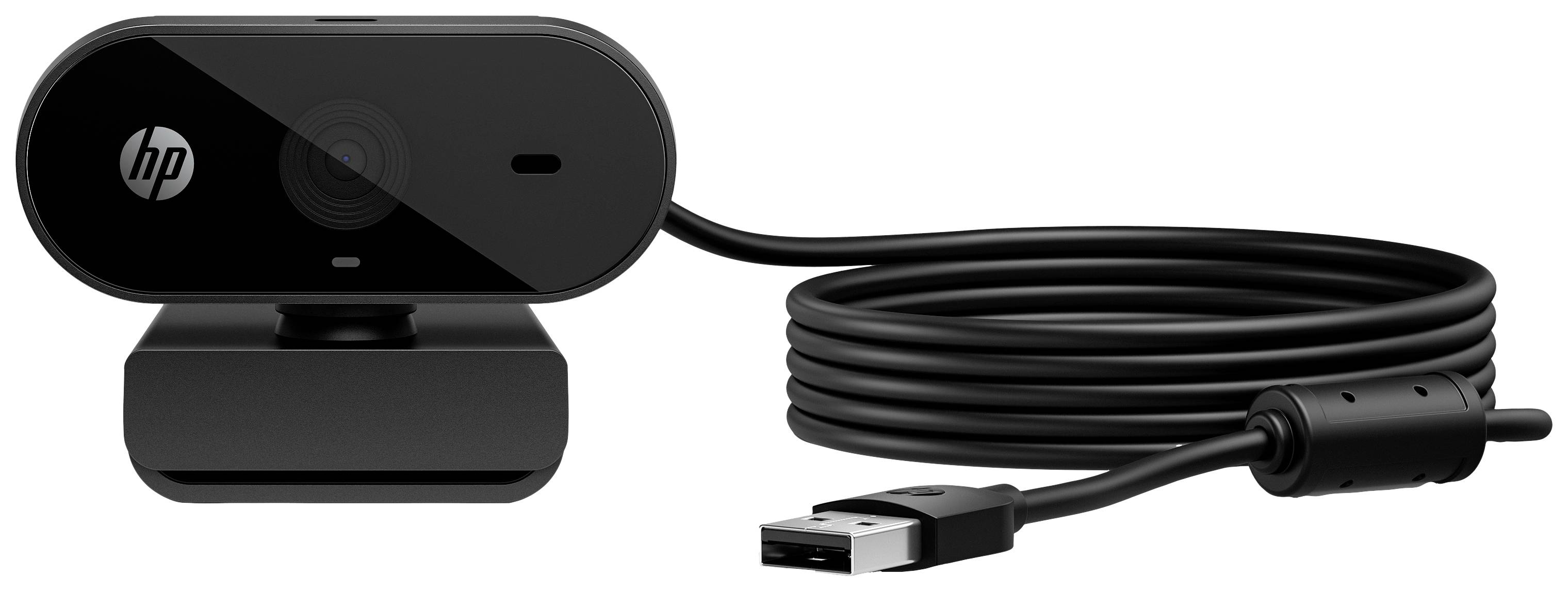 Egy fekete webkamera USB-kábellel, alkalmas videóhívásokhoz és online megbeszélésekhez.