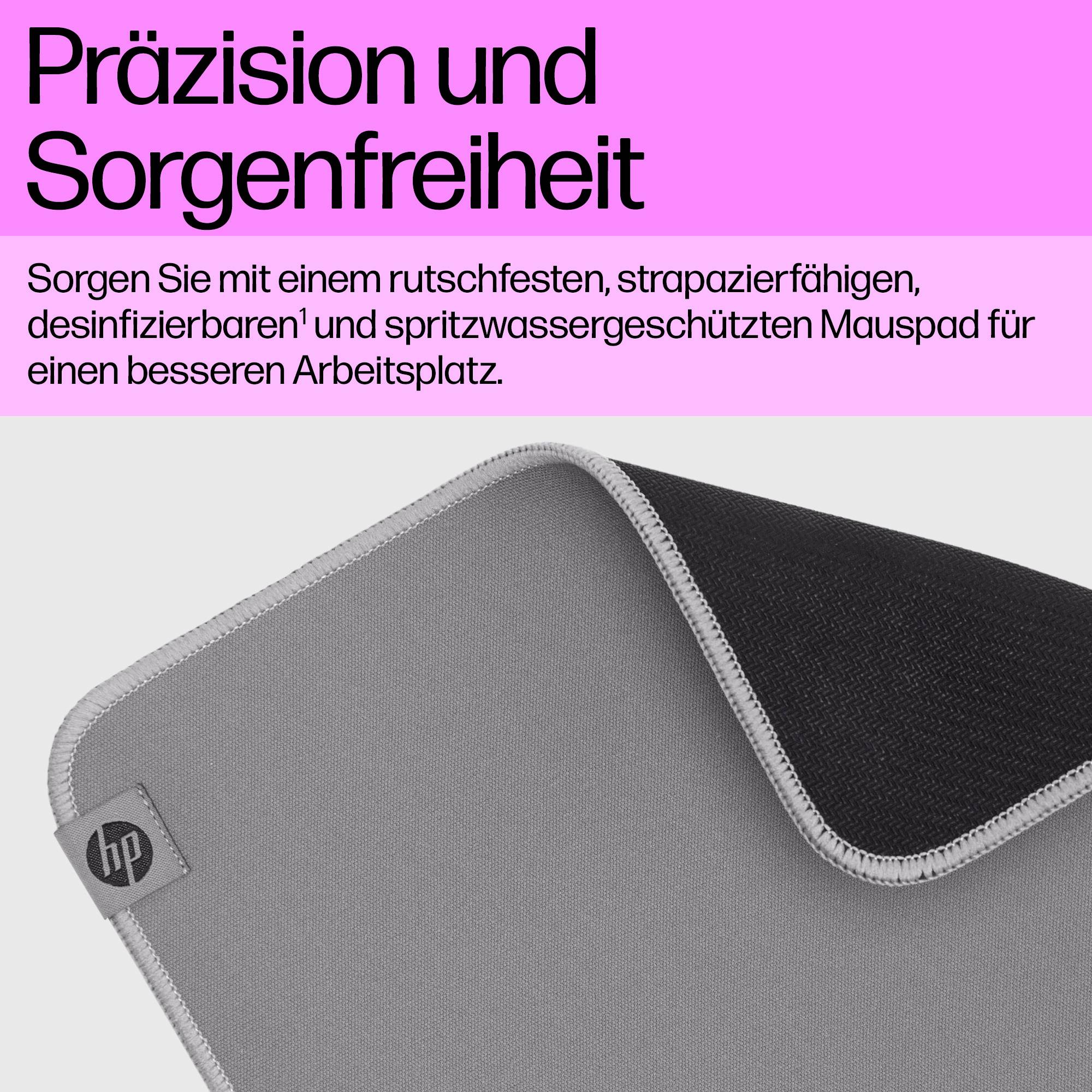 'HP egérpad, szürke, csúszásmentes alappal, fröccsenésvédett, tartós, a jobb munkaterületi hatékonyság érdekében.'