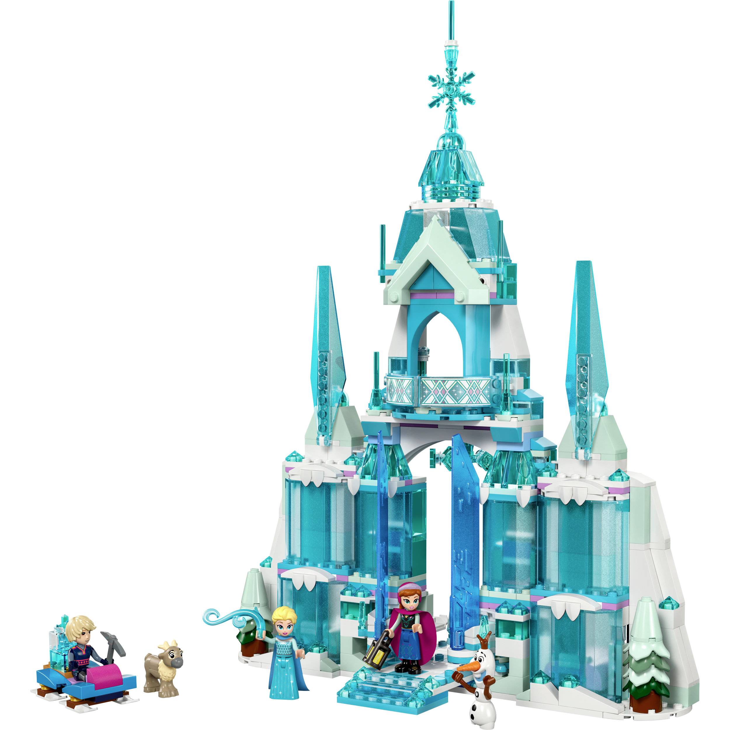 Disney Jégpalota LEGO-szett figurákkal. Tartalmaz egy kék tornyokkal díszített palotát, figurákat és egy rénszarvas-szánkót.