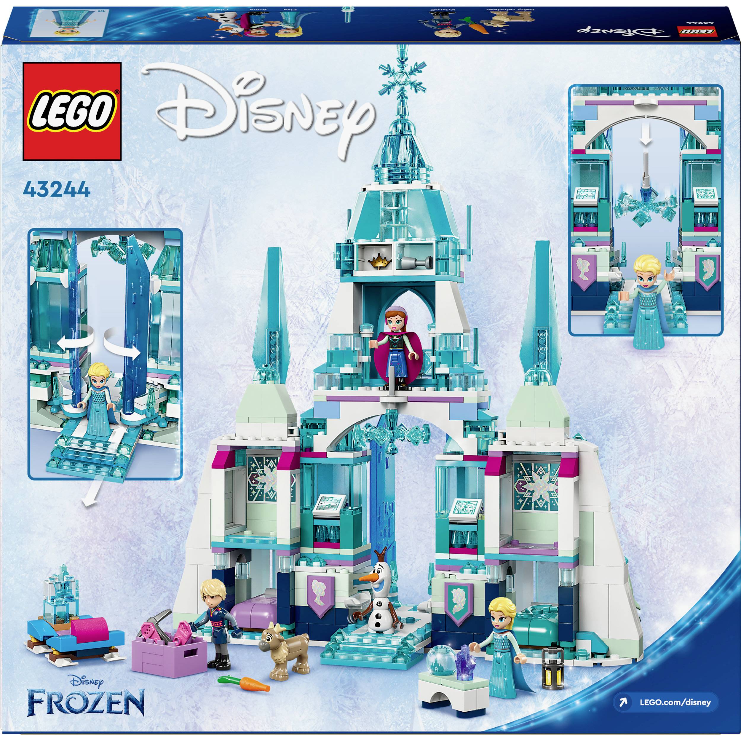 LEGO Disney Szett 'Jégpalota'. Tartalmazza Elsa, Anna, Olaf és egy kutya figuráit. Jégpalota híddal és tornyokkal.